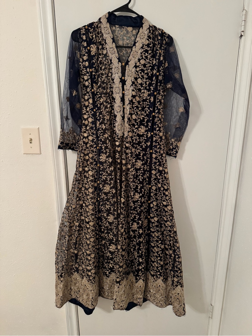 Elegant Navy and Gold Embroidered Women's Dress